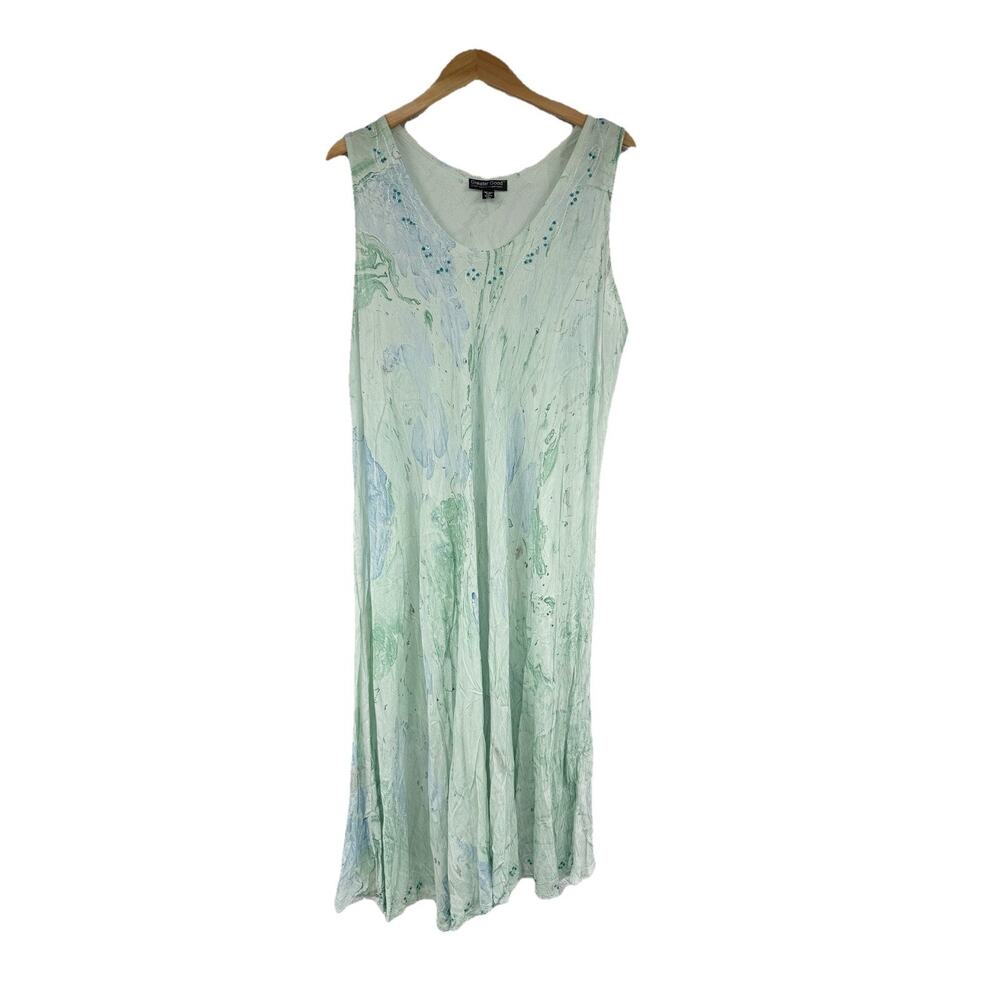 Greater Good Green Watercolor Midi Boho Loose Tank Dress Womens Free Size Plus